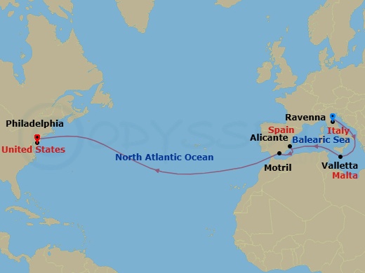 13 Night - Repo - Transatlantic - Norwegian Pearl - Starting in Venice (Ravenna), Italy, Valletta, Malta, Alicante, Spain, Motril, Spain, Philadelphia, Pa itinerary map