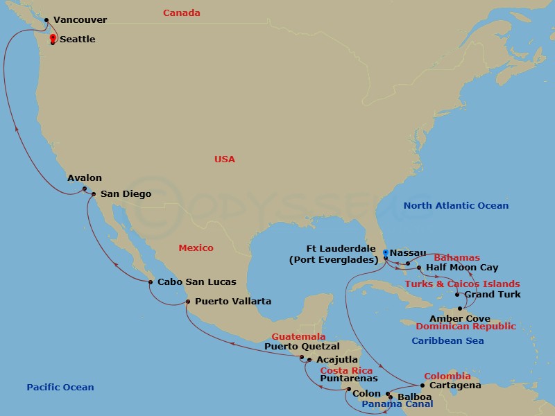 27 Night - Eastern Caribbean Explorer & Panama Canal - Eurodam - Starting in Fort Lauderdale, Florida, Half Moon Cay, Bahamas, Grand Turk, Turks and Caicos, Amber Cove, Dominican Republic, Nassau, Bahamas, Fort Lauderdale, Florida, Cartagena CO, Enter Panama Canal Cristobal, Cruising Panama Canal, Exit Panama Canal Balboa, Puntarenas (Puerto Caldera), Costa Rica, Acajutla, El Salvador, Puerto Quetzal, Guatemala, Puerto Vallarta, Mexico, Cabo San Lucas, Mexico, San Diego, California, Avalon, California, Vancouver, BC, CA, Seattle, Washington itinerary map