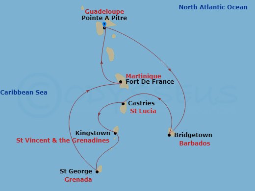7 Night - South Caribbean - MSC Virtuosa - Starting in Pointe-A-Pitre, Guadeloupe, Bridgetown, Barbados, Castries, St Lucia, Kingstown, St Vincent and the Grenadines, Saint George, Grenada, Fort-de-France, Martinique, Pointe-A-Pitre, Guadeloupe itinerary map