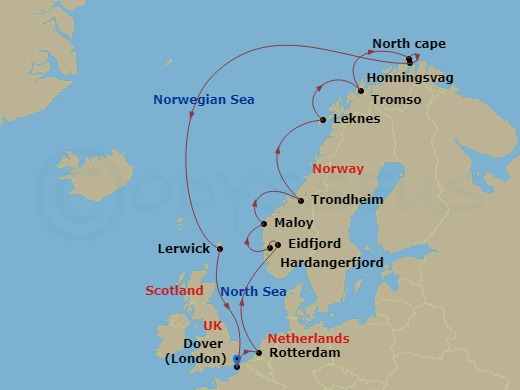 14 Night - Arctic Circle Crossing : North Cape Solstice - Nieuw Statendam - Starting in Dover UK (London), England, Rotterdam, the Netherlands, Eidfjord, Norway, Scenic cruising Hardangerfjord, Maloy, Norway, Trondheim, Norway, Scenic Cruising Trondheimsfjord, Leknes (Lofoten), Norway, Tromso, Norway, Scenic Cruising North Cape, Honningsvag, Norway, Lerwick, Shetland Islands, United Kingdom, Dover UK (London), England itinerary map