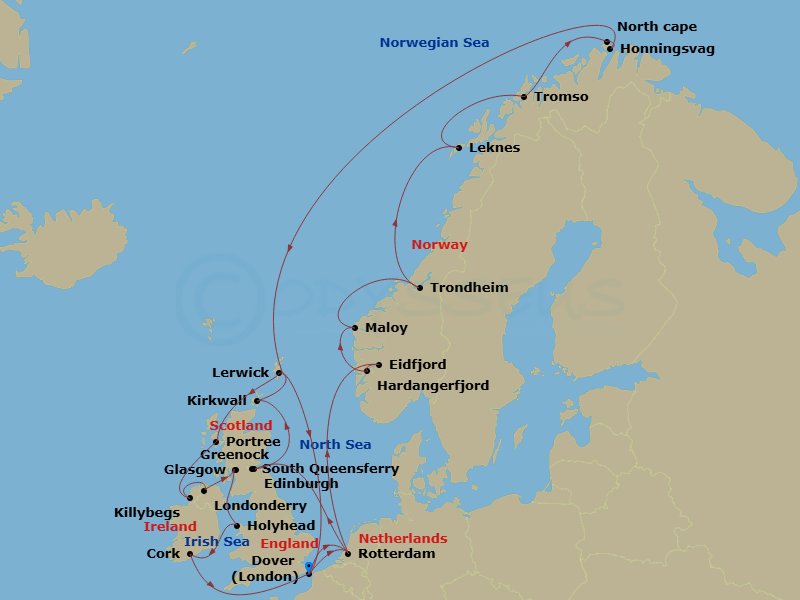 28 Night - British Isles & Arctic Circle Collectors' Voyage - Nieuw Statendam - Starting in Dover UK (London), England, Rotterdam, the Netherlands, South Queensferry (Edinburgh), Scotland, United Kingdom, Kirkwall, Scotland, United Kingdom, Lerwick, Shetland Islands, United Kingdom, Portree (Isle of Skye), Scotland, United Kingdom, Killybegs, Donegal, Ireland, Greencastle (Londonderry), Ireland, Greenock (Glasgow), Scotland, United Kingdom, Holyhead, Wales, United Kingdom, Cobh (Cork), Ireland, Dover UK (London), England, Rotterdam, the Netherlands, Eidfjord, Norway, Scenic cruising Hardangerfjord, Maloy, Norway, Trondheim, Norway, Scenic Cruising Trondheimsfjord, Leknes (Lofoten), Norway, Tromso, Norway, Scenic Cruising North Cape, Honningsvag, Norway, Lerwick, Shetland Islands, United Kingdom, Dover UK (London), England itinerary map