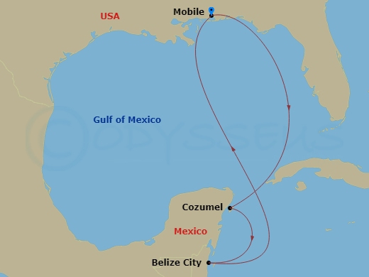 6 Night - Western Caribbean - Carnival Valor - Starting in Mobile, Al, Cozumel, Mexico, Belize, Mobile, Al itinerary map