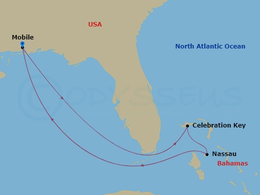 6 Night - Bahamas - Carnival Valor - Starting in Mobile, Al, Celebration Key, the Bahamas, Nassau, Bahamas, Mobile, Al itinerary map