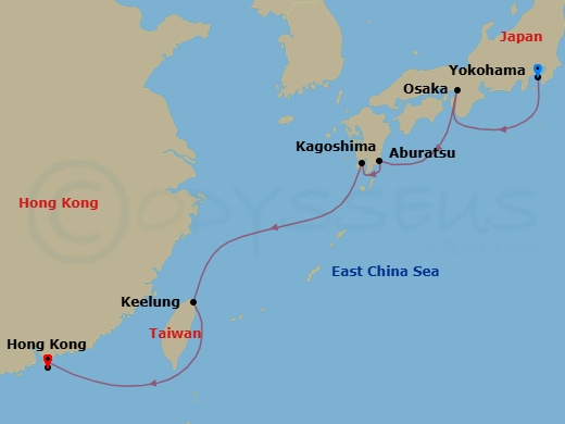 8 Night - Best of Japan & Taiwan - Spectrum of the Seas - Starting in Tokyo (Yokohama), Japan, Osaka, Japan, Miyazaki (Aburatsu), Japan, Kagoshima, Japan, Taipei (Keelung), Taiwan, China, Hong Kong, China itinerary map