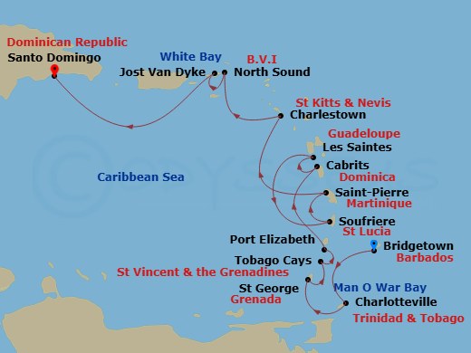 8 Night - Caribbean from Bridgetown to Santo Domingo - Sea Cloud II - Starting in Bridgetown, Man-O-War Bay (Charlotteville), St Georges, Tobago Cays, St Vincent and the Grenadines, Port Elizabeth VC / Bequia, Cabrits, Terre-De-Haut, Iles Des Saintes, Soufriere itinerary map