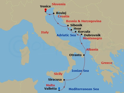11 Night - Western Mediterranean from Valletta to Venice - Sea Cloud II - Starting in Valletta, Syracuse, Sicily, Italy, Otranto, Dubrovnik, Croatia, Korcula, Hvar, Sibenik, Rovinj, Venice itinerary map