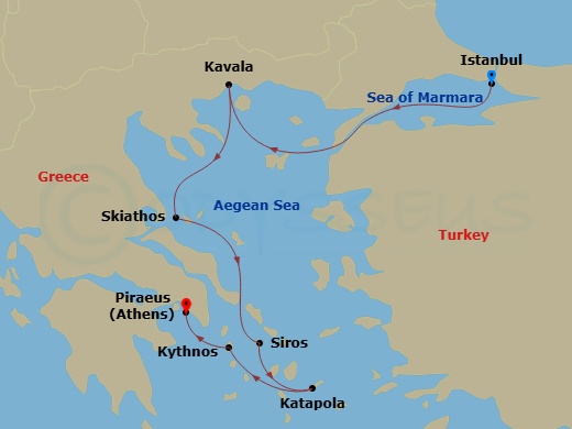 8 Night - Eastern Mediterranean from Istanbul to Athens (Piraeus) - Sea Cloud II - Starting in Istanbul, Kavala, Skiathos, Syros, Amorgos / Cyclades, Kythnos / Kolona Beach, Piraeus itinerary map