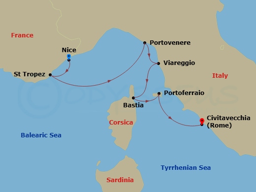 8 Night - Western Mediterranean from Nice to Rome (Civitavecchia) - Sea Cloud II - Starting in Nice, Sailing Together with Sea Cloud Spirit, St Tropez, Porto Venere, Viareggio, Bastia / Corsica, Portoferraio / Elba, Civitavecchia itinerary map