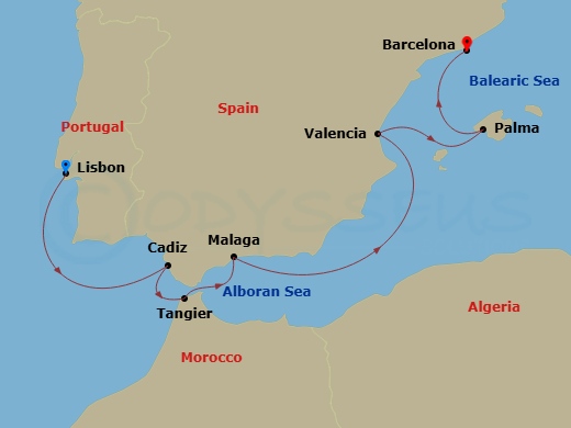 10 Night - Cruise from Lisbon to Barcelona - Sea Cloud II - Starting in Lisbon, Cadiz, Tangier, Malaga, Valencia, Palma De Mallorca, Barcelona itinerary map