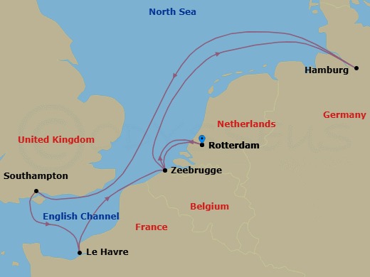 8 Night - Northern Europe - MSC Preziosa - Starting in Rotterdam (Amsterdam), Netherlands, Zeebrugge (Bruges), Belgium, Hamburg, Germany, Southampton (London), United Kingdom, Le Havre (Paris), France, Zeebrugge (Bruges), Belgium, Rotterdam (Amsterdam), Netherlands itinerary map