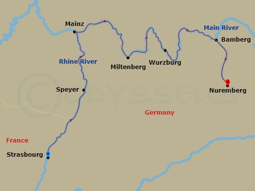 6 Night - Magic of Advent On the Rhine and Main - MS Amadeus Nova - Starting in Strasbourg, Speyer, Mainz, Miltenberg, Wurzburg, Bamberg, Nuremberg itinerary map