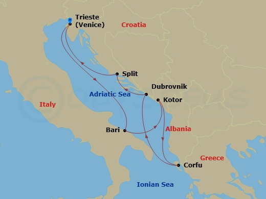 7 Night - Europe Roundtrip from Venice (Trieste) - Costa Deliziosa - Starting in Trieste, Italy, Bari, Italy, Kotor, Montenegro, Corfu, Greece, Dubrovnik, Croatia, Split, Croatia, Trieste, Italy itinerary map