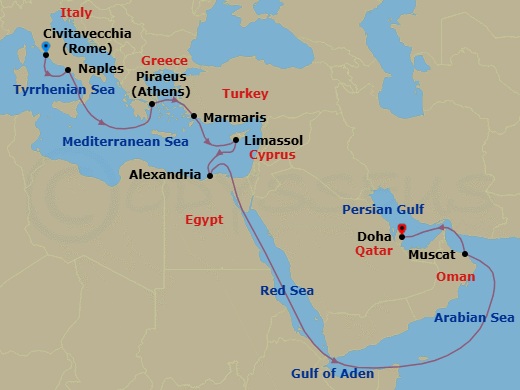 18 Night - Msc Grand Voyages - MSC World Europa - Starting in Civitavecchia (Rome), Italy, Naples (Pompeii), Italy, Piraeus (Athens), Greece, Marmaris, Turkey, Limassol, Cyprus, Alexandria EG, Egypt, Suez Canal (Transit), Egypt, Muscat, Oman, Doha, Qatar itinerary map