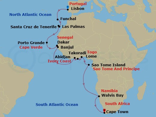 25 Night - West African Majesty - Seven Seas Navigator - Starting in Lisbon, Cruising the Atlantic Ocean, Funchal (Madeira), Las Palmas De Gran Canaria, Santa Cruz de Tenerife, Cruising the Atlantic Ocean, Mindelo (Porto Grande), Cruising the Atlantic Ocean, Dakar, Banjul, Cruising the Atlantic Ocean, Abidjan, Takoradi, Lome, Cruising the Gulf of Guinea, Sao Tome, Cruising the Atlantic Ocean, Walvis Bay, Cruising the Atlantic Ocean, Cape Town itinerary map
