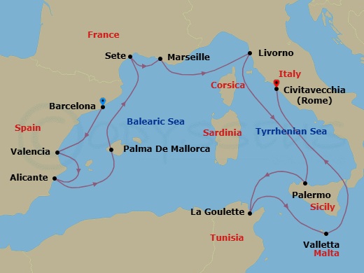 14 Night - Southern Mediterranean Sojourn - Seven Seas Navigator - Starting in Barcelona, Valencia, Alicante, Palma De Mallorca, Cruising the Balearic Sea, Sete, Provence (Marseille), Tuscany (Livorno), Cruising the Tyrrhenian Sea, Palermo (Sicily), La Goulette, Valletta, Cruising the Tyrrhenian Sea, Rome (Civitavecchia) itinerary map