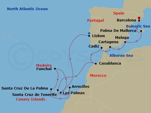 14 Night - Colorful Canary Islands - Seven Seas Navigator - Starting in Lisbon, Cruising the Atlantic Ocean, Las Palmas De Gran Canaria, Funchal (Madeira), Santa Cruz de La Palma, Arrecife (Lanzarote), Santa Cruz de Tenerife, Cruising the Atlantic Ocean, Casablanca, Cadiz, Malaga, Cartagena ES, Palma De Mallorca, Barcelona itinerary map