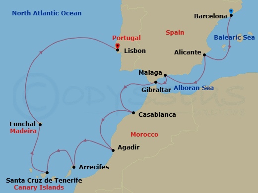 12 Night - Spanish & Moroccan Delights - Seven Seas Navigator - Starting in Barcelona, Alicante, Cruising the Mediterranean Sea, Malaga, Gibraltar, Casablanca, Agadir, Arrecife (Lanzarote), Santa Cruz de Tenerife, Funchal (Madeira), Cruising the Atlantic Ocean, Lisbon itinerary map