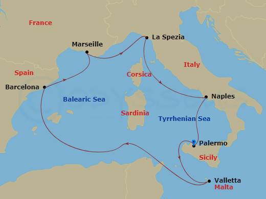 7 Night - Mediterranean - MSC Seaview - Starting in Palermo (Monreale), Italy, La Valletta, Malta, Barcelona, Spain, Marseille (Provence), France, La Spezia (Cinque Terre), Italy, Naples (Pompeii), Italy, Palermo (Monreale), Italy itinerary map