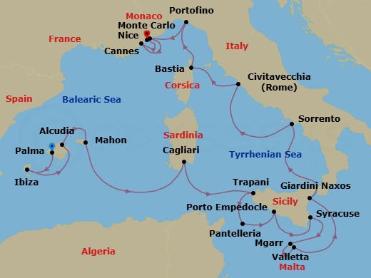 18 Night - Ultimate Mediterranean in Depth - Scenic Eclipse II - Starting in Palma De Mallorca, Spain, Ibiza, Spain, Alcudia, Mallorca, Spain / Mahon, Menorca, Spain, Mahon, Menorca, Spain, At Sea / Cagliari, Sardinia, Italy, Trapani, Sicily, Italy, Pantelleria Island, Italy, Porto Empedocle, Sicily, Italy / At Sea, Syracuse IT, Sicily, Italy, Mgarr, Gozo Island, Malta, Valletta, Malta, Giardini di Naxos (Taormina), Italy, Sorrento, Italy, Civitavecchia (Rome), Italy, Bastia, Corsica, France, Portofino, Italy, Monte Carlo, Monaco, Cannes, France, Nice, France itinerary map