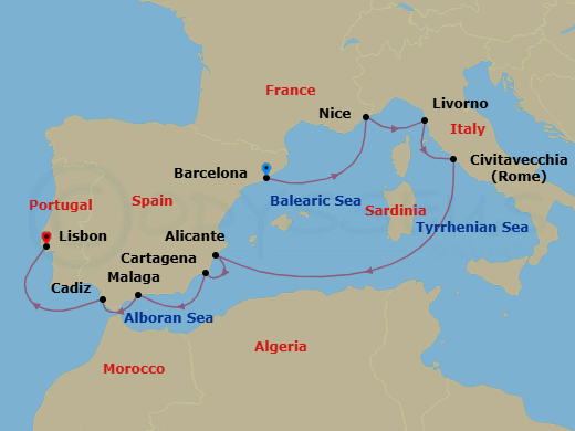 10 Night - Italian & Iberian Radiance - Oceania Nautica - Starting in Barcelona, Nice, Florence / Pisa / Tuscany (Livorno), Rome (Civitavecchia), Alicante, Cartagena ES, Malaga, Seville (Cadiz), Lisbon itinerary map