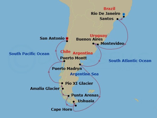 20 Night - Rio De Janeiro to San Antonio - Queen Anne - Starting in Rio De Janeiro, Brazil, Santos (tours to Sao Paulo), Brazil, Montevideo, Uruguay, Buenos Aires, Argentina, Puerto Madryn, Argentina, Ushuaia, Argentina, Cape Horn, Chile (Sail by), Punta Arenas, Chile, Amalia Glacier, Chile (Scenic Cruising), PIO X Glacier, Chile (Scenic Cruising), Puerto Montt, Chile, San Antonio CL (tours to Santiago), Chile itinerary map