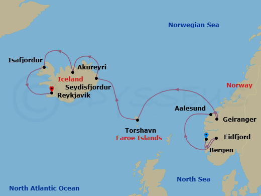 12 Night - Iceland's Majestic Landscapes - Viking Mira - Starting in Bergen, Eidfjord, Alesund, Geiranger, Norway, Sail the North Sea, Torshavn, Sail the Norwegian Sea, Seydisfjordur, Akureyri, Isafjordur, Reykjavik itinerary map