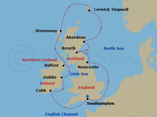 11 Night - Unbound British Isles - Oceania Insignia - Starting in London (Southampton), Newcastle UK, Edinburgh (Rosyth), Aberdeen, Lerwick (Shetland Islands), Stornoway (Hebrides), Belfast, Dublin, Cork (Cobh), London (Southampton) itinerary map