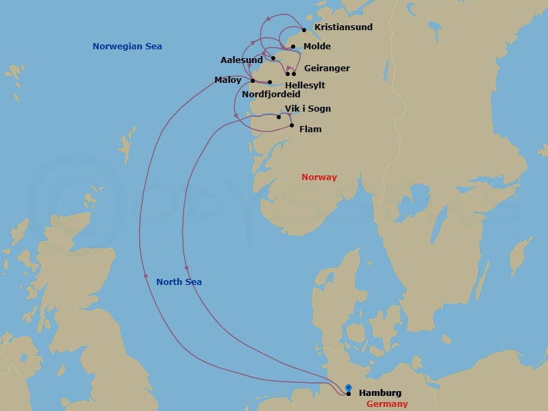 11 Night - Norway Roundtrip from Hamburg - Costa Favolosa - Starting in Hamburg, Maloy, Molde, Hellesylt Tech Call, Geiranger, Norway, Kristiansund, Alesund, Nordfjordeid, Flam, Norway, Vik-sogn, Hamburg itinerary map