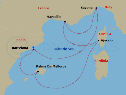 6 Night - Southern Europe Roundtrip from Barcelona - Costa Favolosa - Starting in Barcelona, Palma De Mallorca, Ajaccio, Marseille, Savona, Barcelona itinerary map