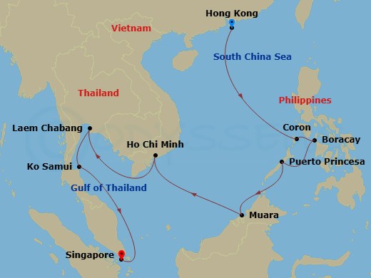 17 Night - Hong Kong Highlights Pre Cruisetour - Norwegian Jade Tours - Starting in At Hotel, Hong Kong, China, Coron, Philippines, Boracay, Philippines, Puerto Princesa, Philippines, Muara, Brunei, Darussalam, Phu My / Ho Chi Minh City, Viet Nam, Laem Chabang, Thailand, Ko Samui, Thailand, Singapore itinerary map