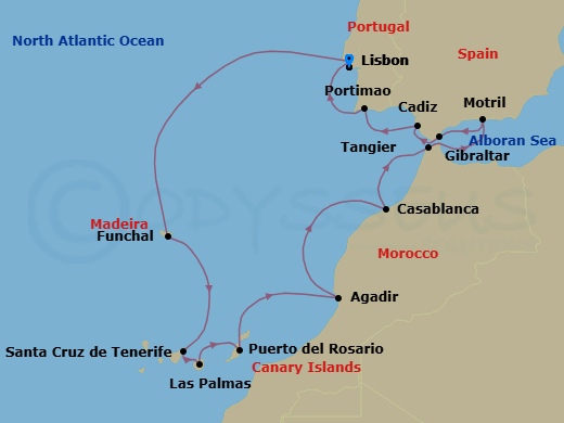 16 Night - a Glimpse of Lisbon Pre Cruisetour - Norwegian Star Tours - Starting in At Hotel, Lisbon, Portugal, Funchal, Portugal, Santa Cruz de Tenerife, Las Palmas Gran Canaria, Spain, Puerto Del Rosario, Spain, Agadir, Morocco, Casablanca, Morocco, Tangier, Morocco, Motril, Spain, Gibraltar, Cadiz / Seville, Spain, Portimao, Portugal, Lisbon, Portugal itinerary map