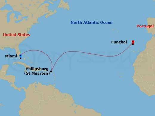 10 Night - Msc Grand Voyages - MSC Grandiosa - Starting in Miami, Florida, Philipsburg, St Maarten, Funchal (Madeira Islands), Portugal itinerary map
