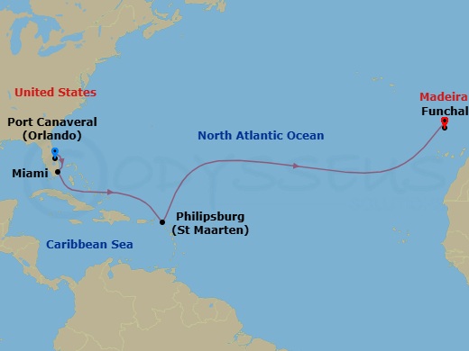 11 Night - Msc Grand Voyages - MSC Grandiosa - Starting in Port Canaveral (Orlando), Florida, Miami, Florida, Philipsburg, St Maarten, Funchal (Madeira Islands), Portugal itinerary map