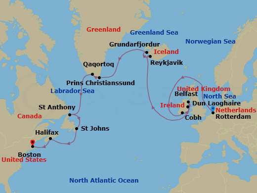 18 Night - Voyage of the Vikings - Volendam - Starting in Rotterdam, the Netherlands, Cobh (Cork), Ireland, Dun Laoghaire (Dublin), Ireland, Belfast, Northern Ireland, United Kingdom, Reykjavik, Iceland, Grundarfjordur, Iceland, Cruising Prince Christian Sound, Qaqortoq, Greenland, St Anthony, Newfoundland, Canada, St Johns NF, Newfoundland, Halifax, Nova Scotia, Canada, Boston, Massachusetts itinerary map