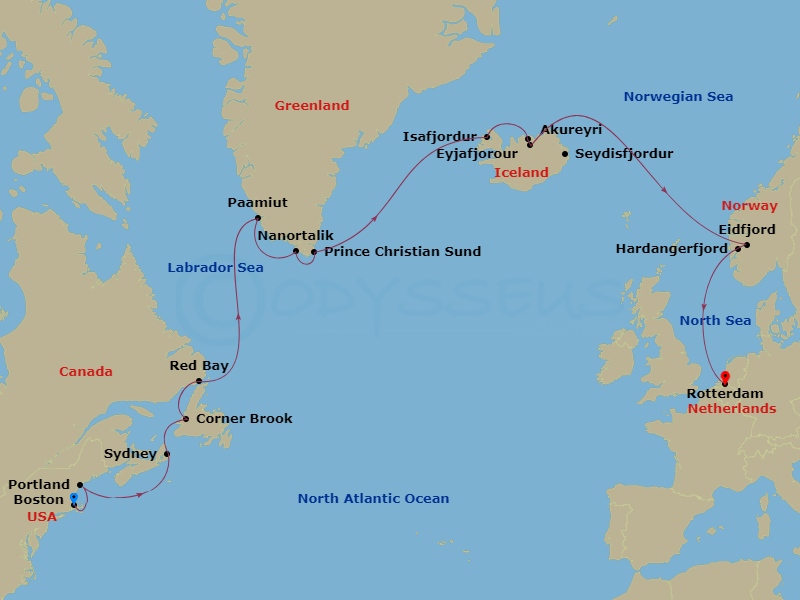 17 Night - Voyage of the Vikings - Volendam - Starting in Boston, Massachusetts, Portland ME, Sydney NS, Nova Scotia, Canada, Corner Brook, Newfoundland, Canada, Red Bay, Labrador, Canada, Paamiut (Frederikshab), Greenland, Nanortalik, Greenland, Isafjordur, Iceland, Scenic Cruising Isafjardurdjur, Akureyri, Iceland, Scenic cruising Eyjafjordur, Eidfjord, Norway, Scenic cruising Hardangerfjord, Rotterdam, the Netherlands itinerary map
