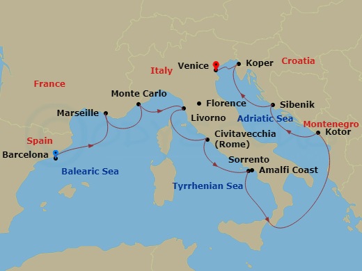 12 Night - Best of the Mediterranean Cruise : Monte Carlo, Florence & Venice - Azamara Onward - Starting in Barcelona, Provence (Marseille), Monte Carlo, Florence / Pisa (Livorno), Rome (Civitavecchia), Sorrento, Amalfi, Kotor, Sibenik, Koper, Venice itinerary map
