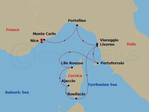 10 Night - Happy Birthday Sea Cloud - Sea Cloud II - Starting in Livorno, Bonifacio / Corsica, Ajaccio / Corsica, Lile Rousse / Corsica, Portoferraio / Elba, Viareggio, Portofino, Monte Carlo, Nice itinerary map
