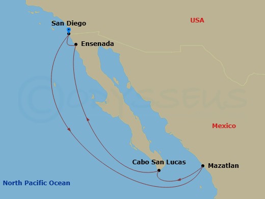7 Night - Mexican Riviera - San Diego - Norwegian Star - Starting in San Diego, Ca, Mazatlan, Mexico, Cabo San Lucas, Mexico, Ensenada, Mexico, San Diego, Ca itinerary map
