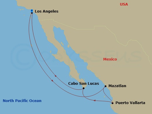 7 Night - Mexican Riviera - Los Angeles - Norwegian Encore - Starting in Los Angeles, Ca, Mazatlan, Mexico, Puerto Vallarta, Mexico, Cabo San Lucas, Mexico, Los Angeles, Ca itinerary map
