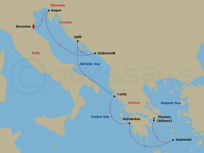 7 Night - Europe - Norwegian Pearl - Starting in Piraeus / Athens, Greece, Santorini Island, Greece, Olympia / Katakolon, Greece, Corfu, Greece, Split, Croatia, Dubrovnik, Croatia, Koper, Slovenia, Venice (Ravenna), Italy itinerary map
