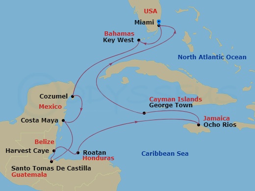 12 Night - Caribbean Flavors & Cozumel - Seven Seas Grandeur - Starting in Miami, Key West, Cozumel, Mexico, Costa Maya, Mexico, Santo Tomas De Castilla, Harvest Caye, Roatan, Cruising the Caribbean Sea, Ocho Rios, Jamaica, George Town, Cruising the Florida Straits, Miami itinerary map