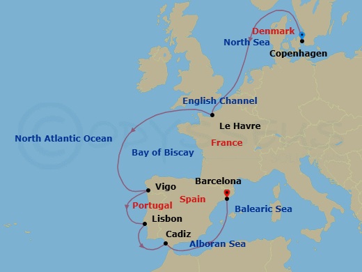 9 Night - Europe from Copenhagen to Barcelona - Costa Diadema - Starting in Copenhagen, Le Havre, Vigo, Lisbon, Cadice, Barcelona itinerary map