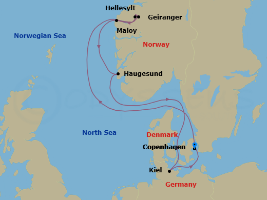 7 Night - Europe Roundtrip from Copenhagen - Costa Diadema - Starting in Copenhagen, Hellesylt Tech Call, Geiranger, Norway, Maloy, Haugesund (No), Kiel, Copenhagen itinerary map