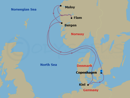 7 Night - Europe Roundtrip from Copenhagen - Costa Diadema - Starting in Copenhagen, Flam, Norway, Maloy, Bergen, Kiel, Copenhagen itinerary map