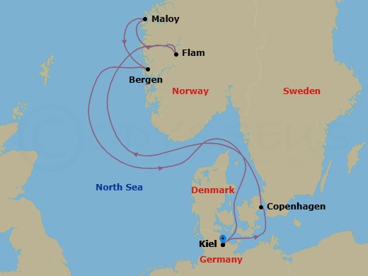 7 Night - Western Europe Roundtrip from Kiel - Costa Diadema - Starting in Kiel, Copenhagen, Flam, Norway, Maloy, Bergen, Kiel itinerary map