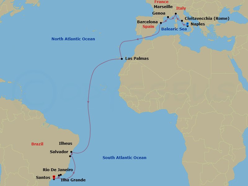 19 Night - Msc Grand Voyages - MSC Divina - Starting in Naples (Pompeii), Italy, Civitavecchia (Rome), Italy, Genoa (Portofino), Italy, Marseille (Provence), France, Barcelona, Spain, Las Palmas de Gran Canaria (Canary Islands), Spain, Salvador, Brazil, Ilheus, Brazil, Ilha Grande, Brazil, Rio De Janeiro, Brazil, Santos (Sao Paulo), Brazil itinerary map