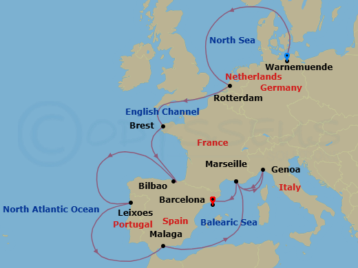14 Night - Northern Europe - MSC Magnifica - Starting in Warnemunde (Berlin), Germany, Rotterdam (Amsterdam), Netherlands, Brest, France, Bilbao, Spain, Leixoes (Porto), Portugal, Malaga (Granada), Spain, Marseille (Provence), France, Genoa (Portofino), Italy, Marseille (Provence), France, Barcelona, Spain itinerary map