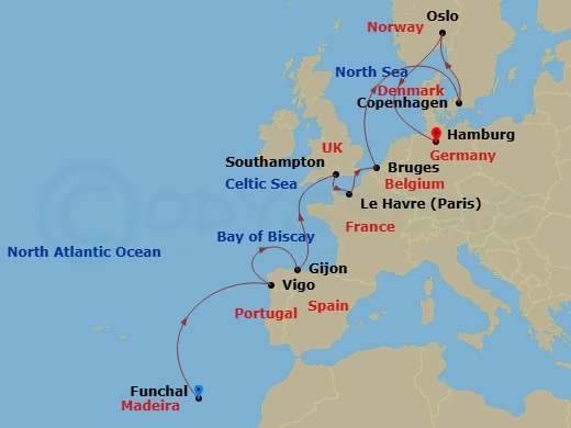12 Night - Msc Grand Voyages - MSC Preziosa - Starting in Funchal (Madeira Islands), Portugal, Vigo (Santiago De Compostela), Spain, Gijon, Spain, Southampton (London), United Kingdom, Le Havre (Paris), France, Zeebrugge (Bruges), Belgium, Copenhagen, Denmark, Oslo, Norway, Hamburg, Germany itinerary map