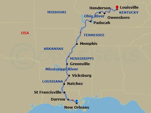 14 Night - Bayous, Blues & Bluegrass - Viking Mississippi - Starting in New Orleans, Louisiana, Darrow, Louisiana, St Francisville, Louisiana, Natchez, Mississippi, Vicksburg, Mississippi, Greenville, Mississippi, Scenic Sailing Lower Mississippi, Memphis, Tennessee, Scenic Sailing Lower Mississippi, Paducah, Kentucky, Henderson, Kentucky, Owensboro, Kentucky, Louisville, Kentucky itinerary map