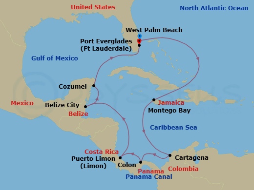 14 Night - Panama Canal & Central America - Viking Mars - Starting in West Palm Beach, Florida, Sail the Caribbean Sea, Montego Bay, Sail the Caribbean Sea, Cartagena CO, Scenic Sailing Panama Canal, Colon, Puerto Limon, Sail the Caribbean Sea, Belize City, Cozumel, Mexico, Sail the Caribbean Sea, Fort Lauderdale, Florida itinerary map